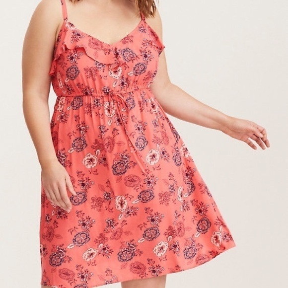 Torrid Coral Floral Print Ruffle Challis Tank Dress Size 2 - Picture 2 of 16